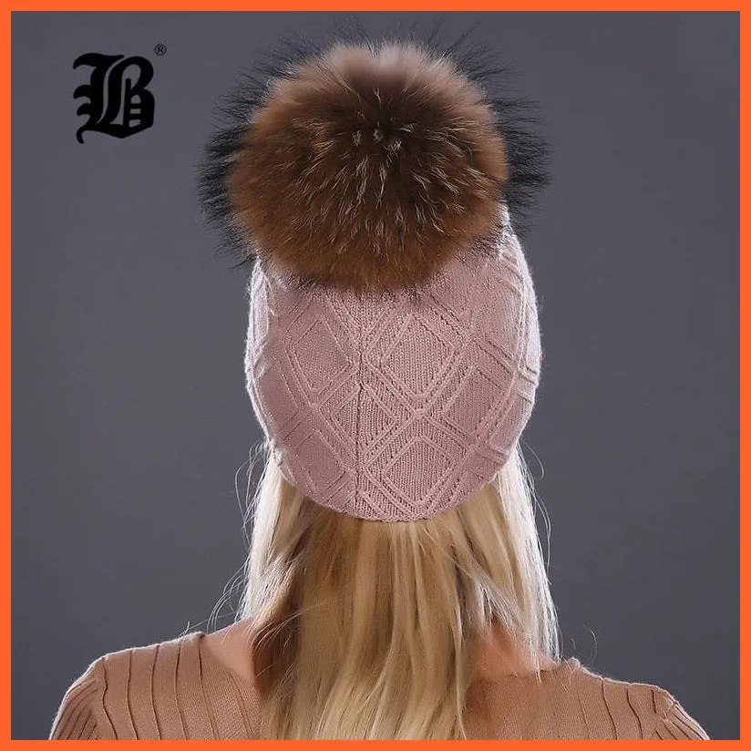 Women'S Winter Pompom Fur Silk Hats |  Beanies Female Decor Hat Wool Knitted Warm Caps Skullies Beanies