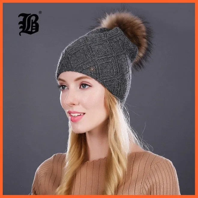 Women'S Winter Pompom Fur Silk Hats |  Beanies Female Decor Hat Wool Knitted Warm Caps Skullies Beanies