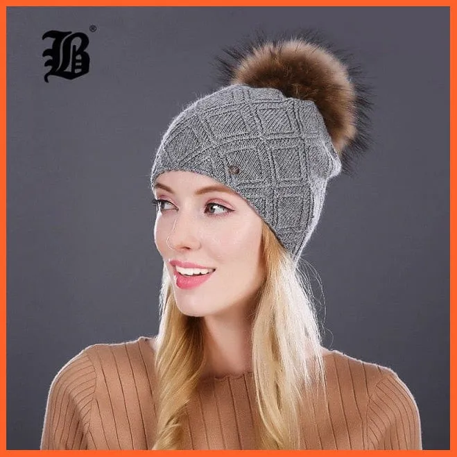 Women'S Winter Pompom Fur Silk Hats |  Beanies Female Decor Hat Wool Knitted Warm Caps Skullies Beanies