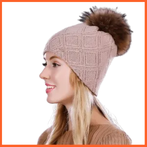 Women'S Winter Pompom Fur Silk Hats |  Beanies Female Decor Hat Wool Knitted Warm Caps Skullies Beanies