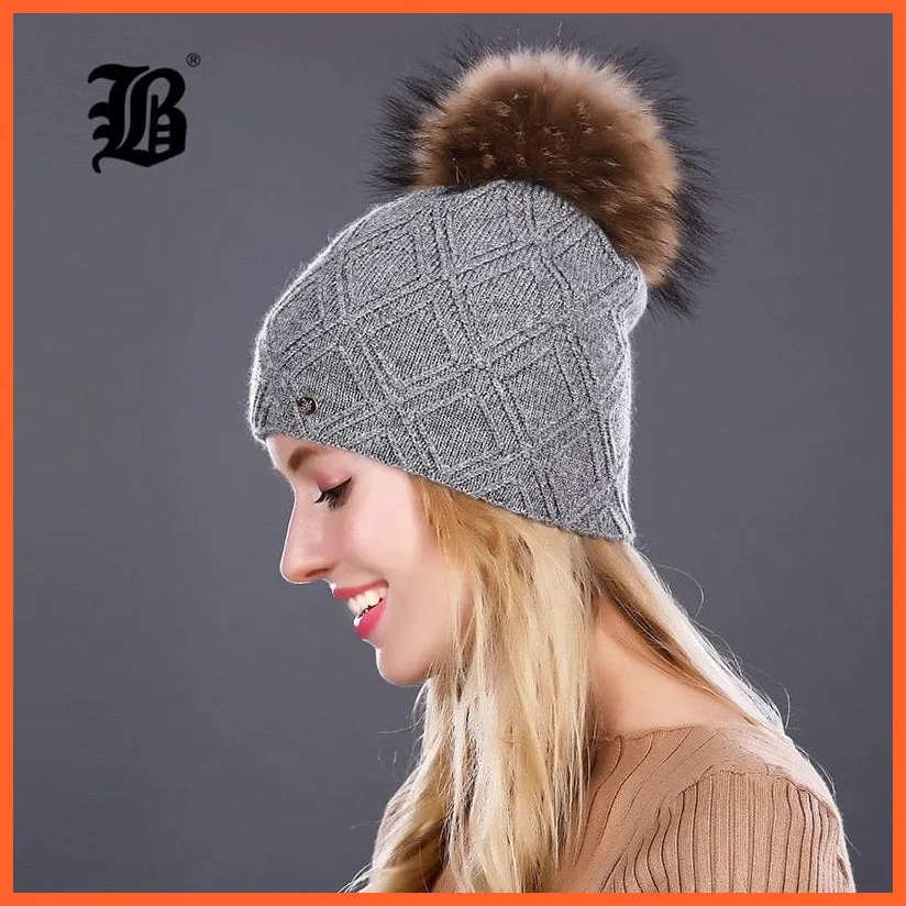 Women'S Winter Pompom Fur Silk Hats |  Beanies Female Decor Hat Wool Knitted Warm Caps Skullies Beanies