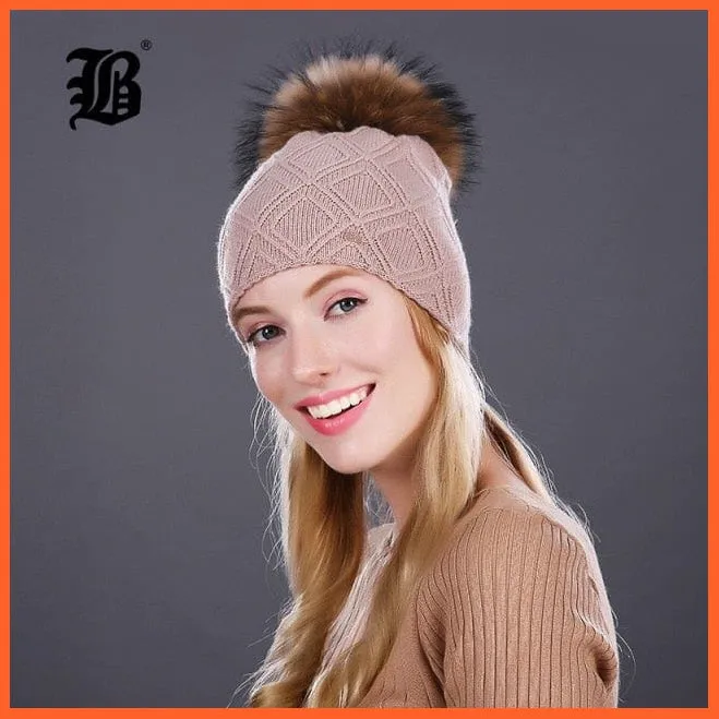 Women'S Winter Pompom Fur Silk Hats |  Beanies Female Decor Hat Wool Knitted Warm Caps Skullies Beanies