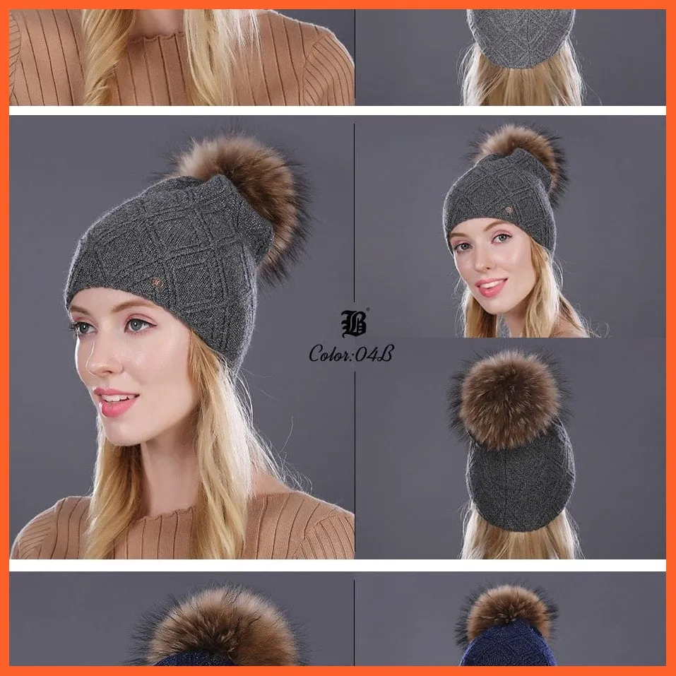 Women'S Winter Pompom Fur Silk Hats |  Beanies Female Decor Hat Wool Knitted Warm Caps Skullies Beanies
