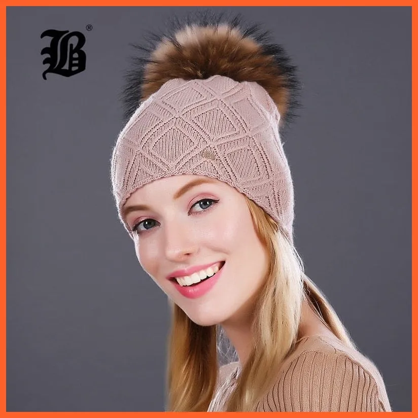 Women'S Winter Pompom Fur Silk Hats |  Beanies Female Decor Hat Wool Knitted Warm Caps Skullies Beanies
