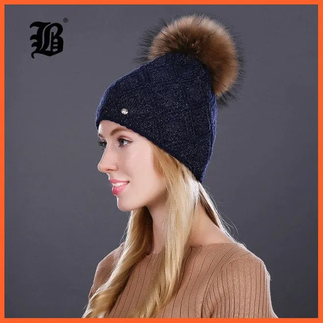 Women'S Winter Pompom Fur Silk Hats |  Beanies Female Decor Hat Wool Knitted Warm Caps Skullies Beanies