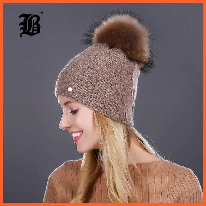 Women'S Winter Pompom Fur Silk Hats |  Beanies Female Decor Hat Wool Knitted Warm Caps Skullies Beanies
