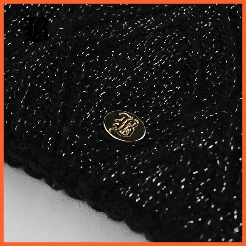 Women'S Winter Pompom Fur Silk Hats |  Beanies Female Decor Hat Wool Knitted Warm Caps Skullies Beanies