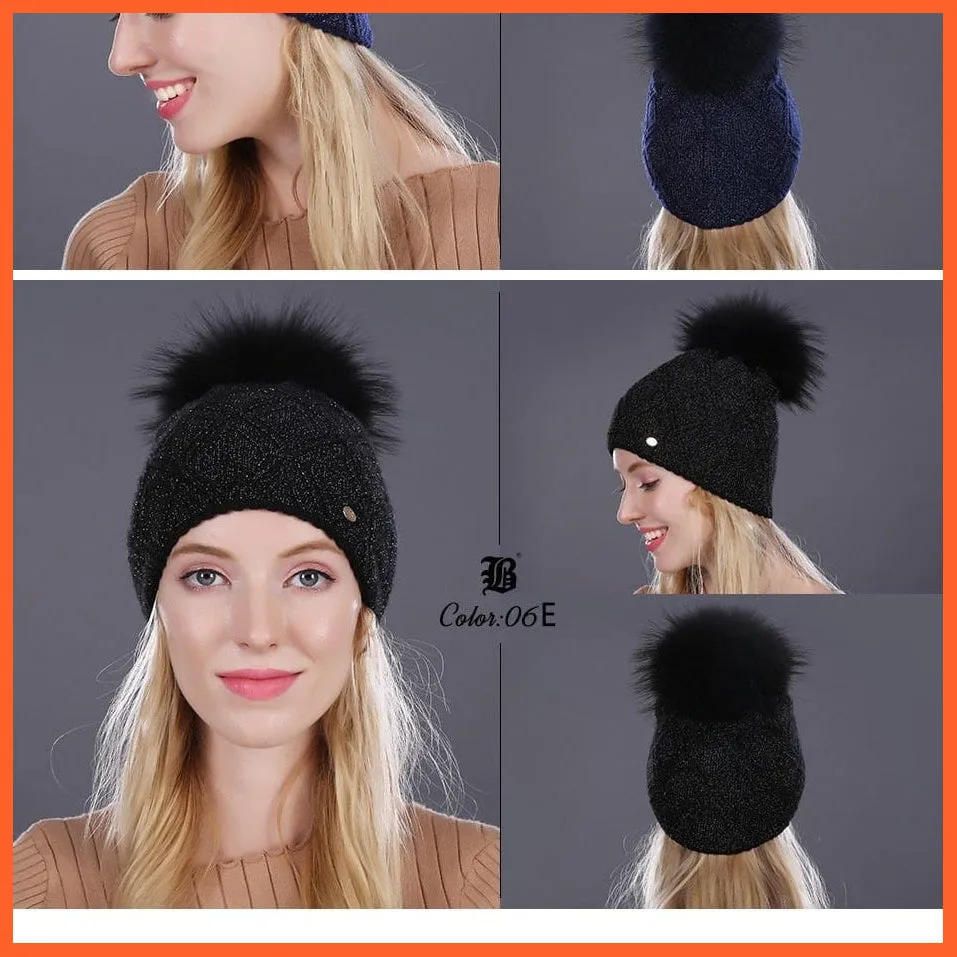 Women'S Winter Pompom Fur Silk Hats |  Beanies Female Decor Hat Wool Knitted Warm Caps Skullies Beanies