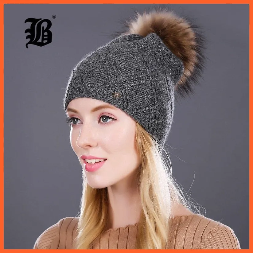 Women'S Winter Pompom Fur Silk Hats |  Beanies Female Decor Hat Wool Knitted Warm Caps Skullies Beanies