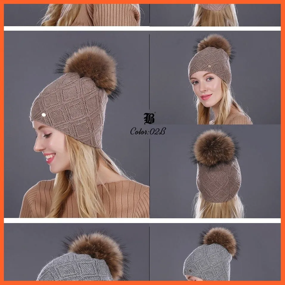 Women'S Winter Pompom Fur Silk Hats |  Beanies Female Decor Hat Wool Knitted Warm Caps Skullies Beanies