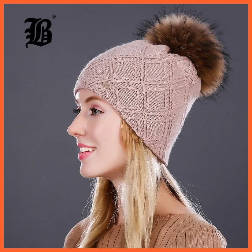 Women'S Winter Pompom Fur Silk Hats |  Beanies Female Decor Hat Wool Knitted Warm Caps Skullies Beanies