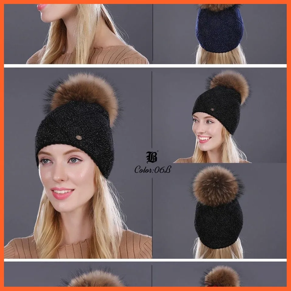 Women'S Winter Pompom Fur Silk Hats |  Beanies Female Decor Hat Wool Knitted Warm Caps Skullies Beanies