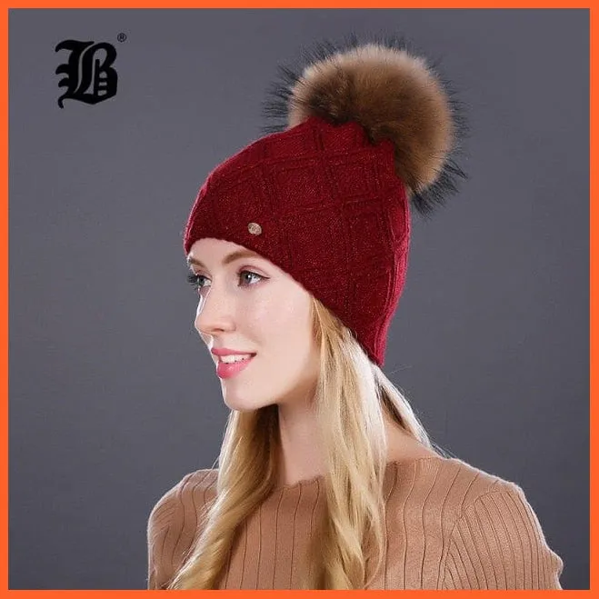 Women'S Winter Pompom Fur Silk Hats |  Beanies Female Decor Hat Wool Knitted Warm Caps Skullies Beanies