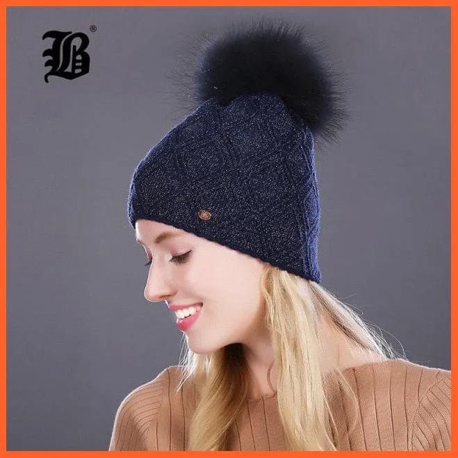 Women'S Winter Pompom Fur Silk Hats |  Beanies Female Decor Hat Wool Knitted Warm Caps Skullies Beanies