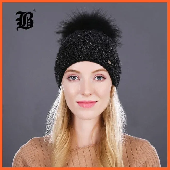 Women'S Winter Pompom Fur Silk Hats |  Beanies Female Decor Hat Wool Knitted Warm Caps Skullies Beanies
