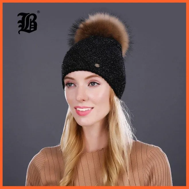 Women'S Winter Pompom Fur Silk Hats |  Beanies Female Decor Hat Wool Knitted Warm Caps Skullies Beanies